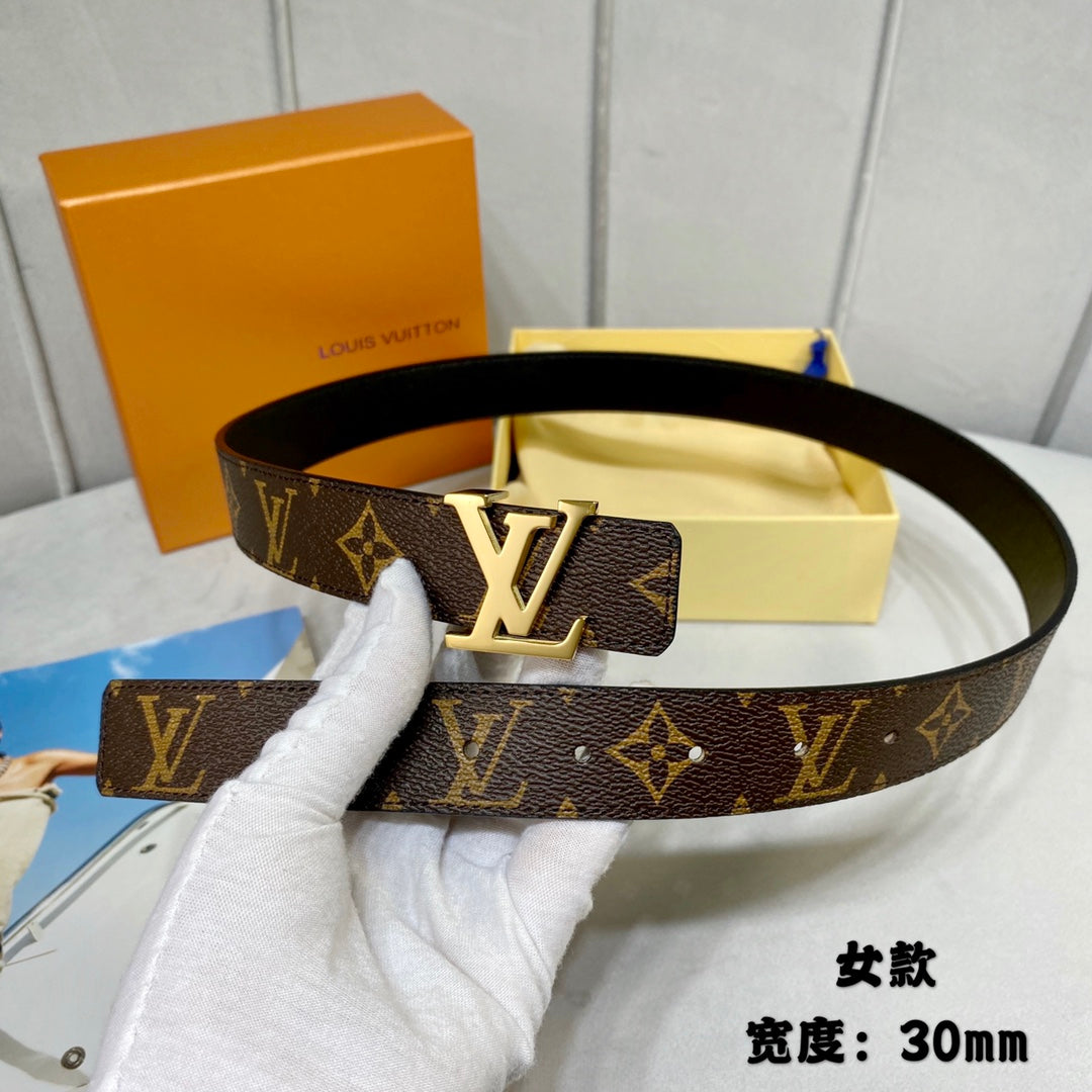 LOUIS VUITTON LV INITIALES 30 MM REVERSIBLE BELT IN BROWN MONOGRAM AND BLACK CALFSKIN GOLD HARDWARE