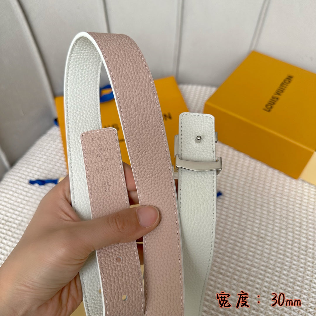 LOUIS VUITTON LV 30 MM BELTS IN WHITE AND PINK PASTEL CALFSKIN SILVER HARDWARE