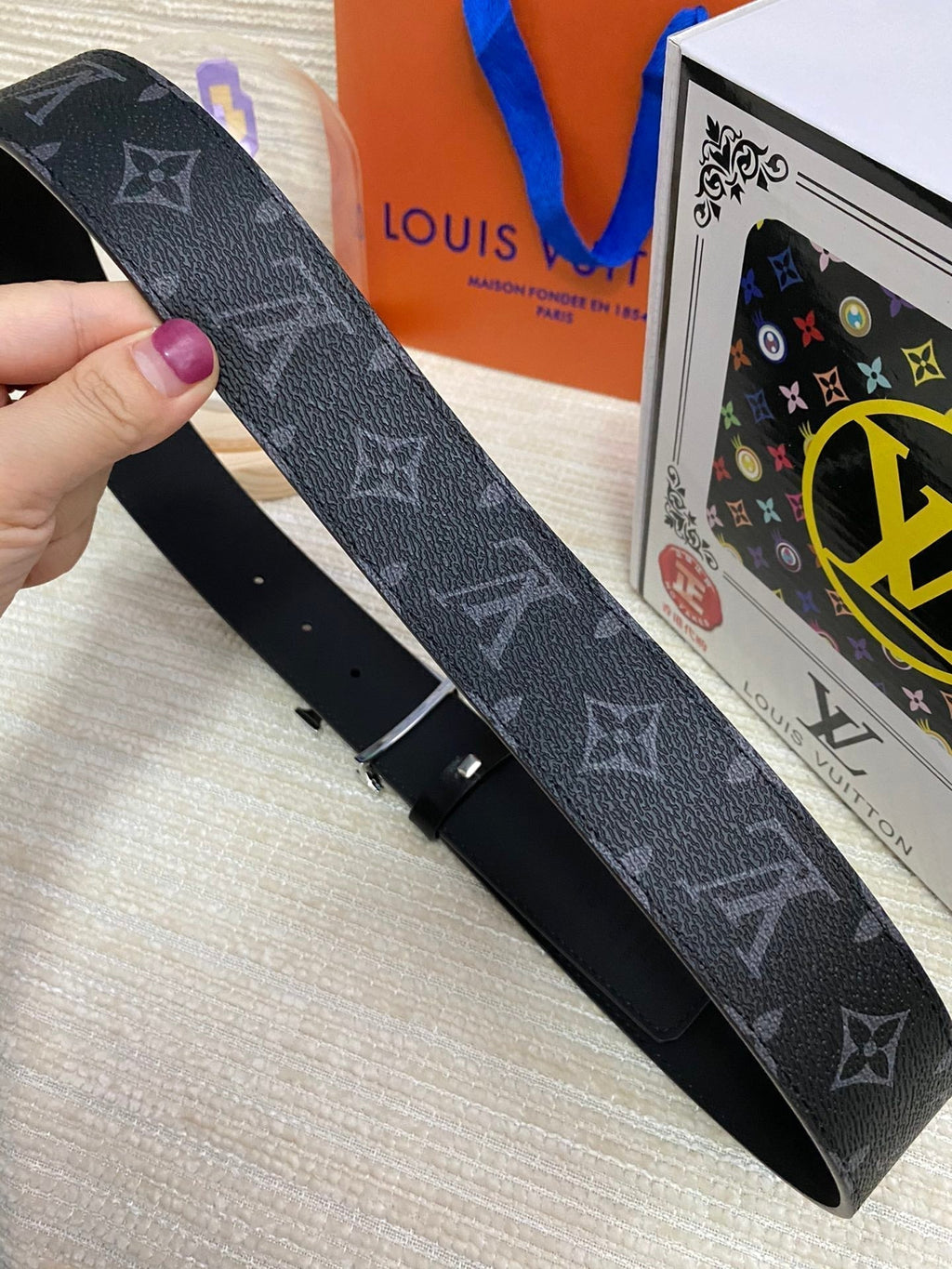 LOUIS VUITTON LV 25S BELT 38 MM IN BLACK CALFSKIN PRINT PATTERNS 593287