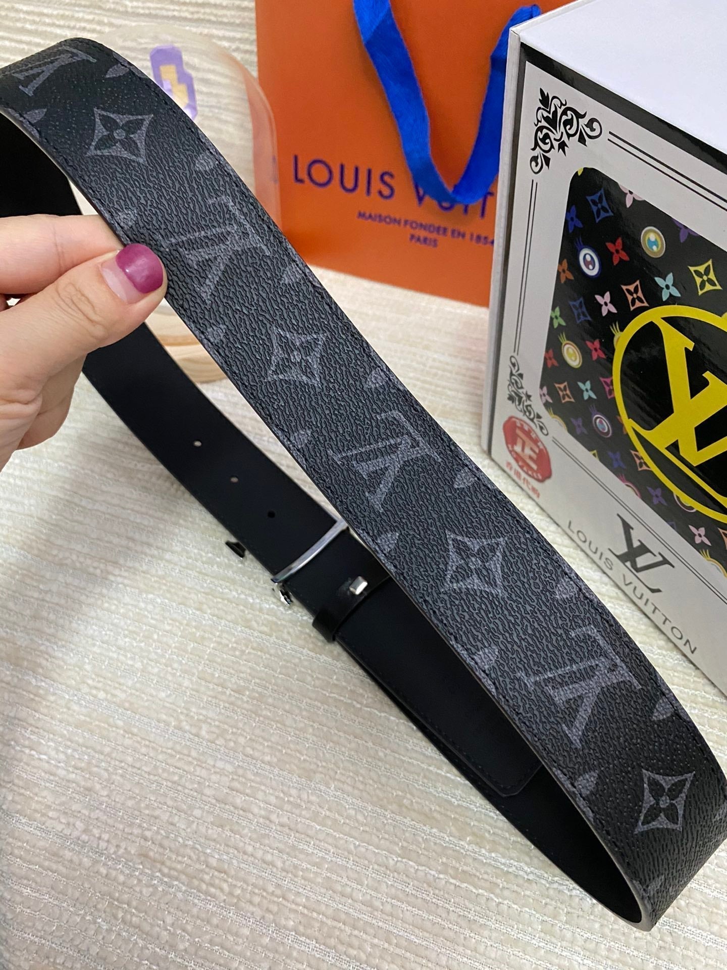 LOUIS VUITTON LV 25S BELT 38 MM IN BLACK CALFSKIN PRINT PATTERNS 593287