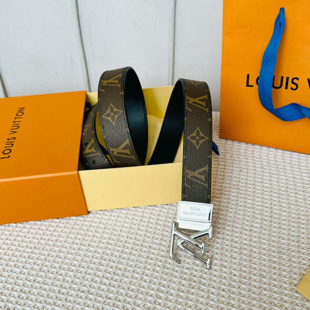LOUIS VUITTON LV Initiales 30mm Reversible Belt Silver Rotating Buckle Black Brown Leather