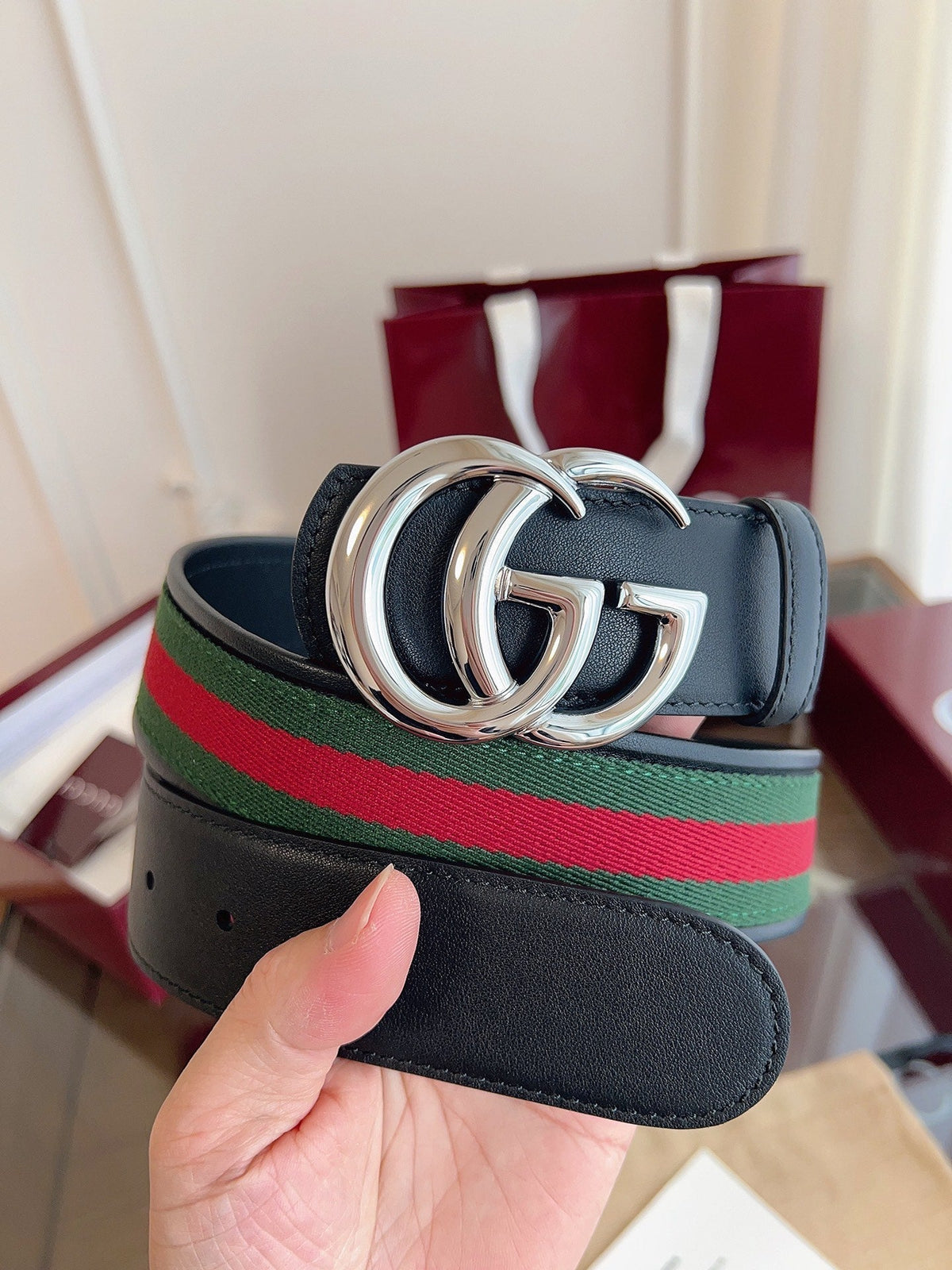 Gucci Belt Double GSliver Buckle 40mm Black Leather With Green Red Canvas
