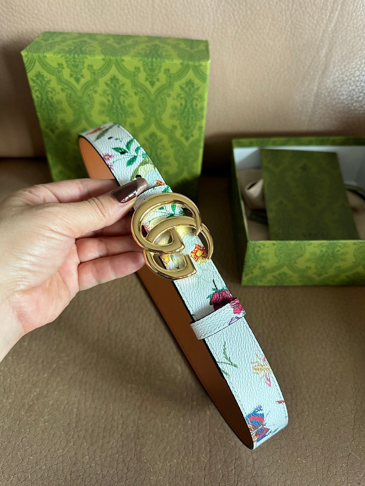 GG Marmont Reversible Belt 3.0cm Flora Print White Leather