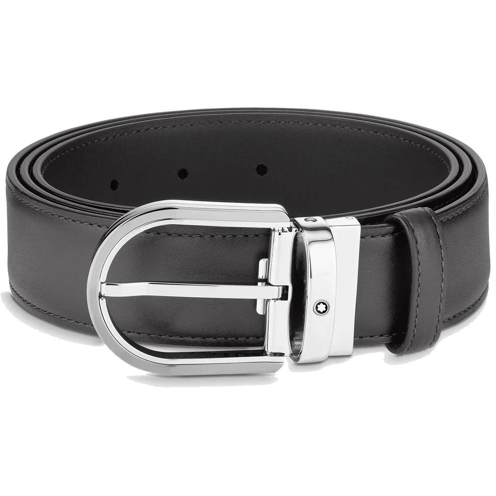Montblanc 35mm gray leather belt with horseshoe buckle 129437
